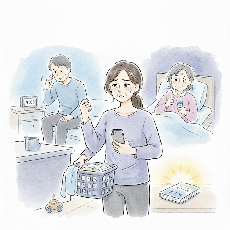 家事と介護に追われ、睡眠不足に悩む50代女性と家族のイラスト