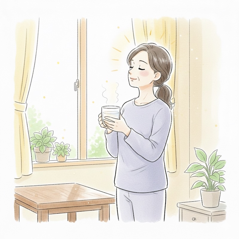 睡眠リズムを整えるため、朝の習慣を大切にする50代女性のイラスト