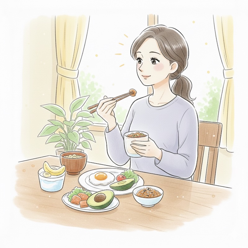 睡眠の質を高めるため、朝食を大切にする50代女性のイラスト