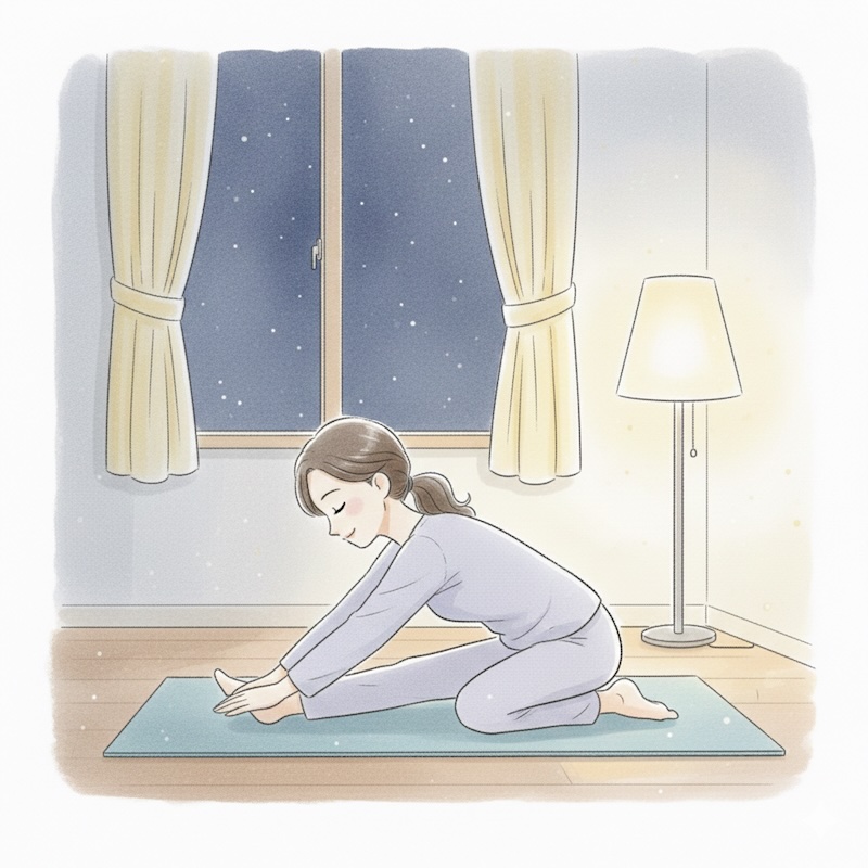 睡眠の質を高めるため、夜にストレッチを行う50代女性のイラスト