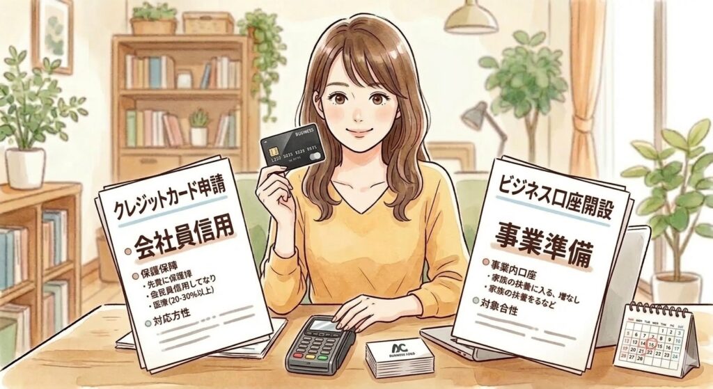 クレジットカードを手に持ち、ビジネス口座開設やカード申請の書類を前にして、会社員の信用があるうちに事業準備を進める女性のイラスト。
