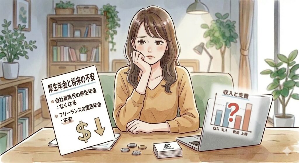 会社員からフリーランスへ。自由と引き換えに、厚生年金という大きな後ろ盾がなくなることへの不安。誰もが一度は立ち止まって考える、将来のお金の問題を表現しました。