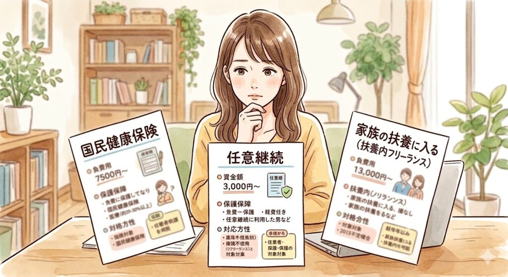 主な検討材料となる「国民健康保険」「任意継続」「家族の扶養（扶養内フリーランス）」を比較・検討しているシーン。